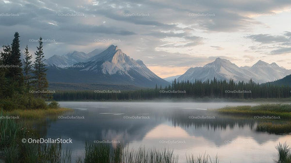 Tranquil Misty Morning Over Mountainous Lake Landscape