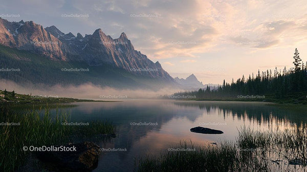 Misty Morning by the Lake with Majestic Mountain Peaks