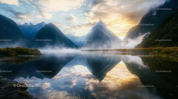 Misty Morning Reflections in Majestic Mountain Landscape