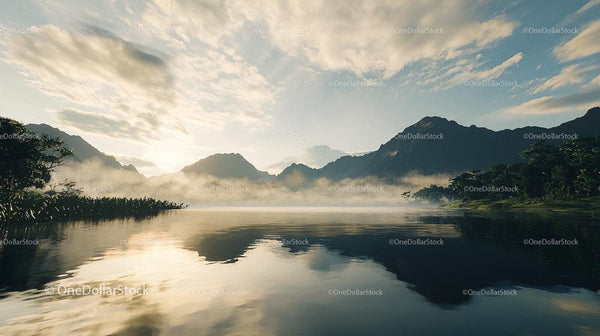 Serene Lake with Misty Mountains at Sunrise