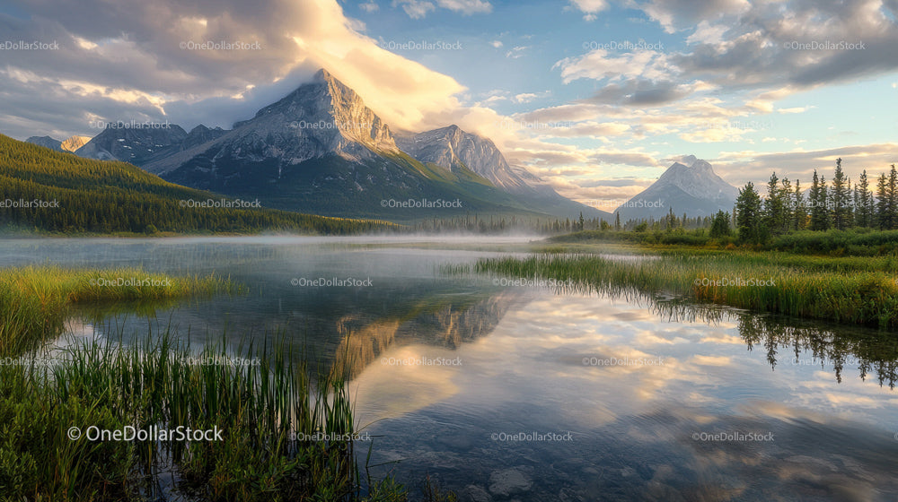 Majestic Mountain Reflected in Misty Lake at Sunrise
