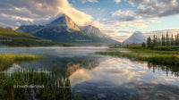 Majestic Mountain Reflected in Misty Lake at Sunrise