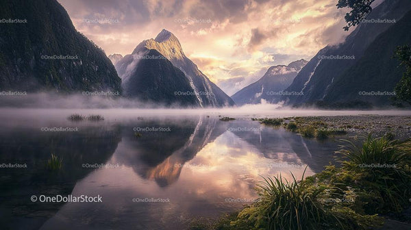 Majestic Sunrise Over Misty Mountain Lake Reflections