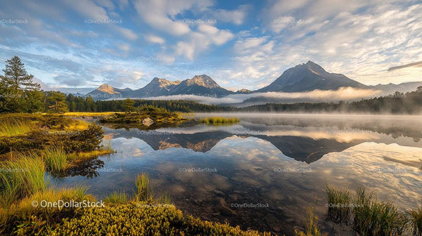 Misty Mountain Reflections at Sunrise Over a Serene Lake