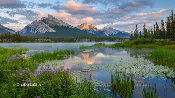 Majestic Mountain Reflections at Sunrise with Purple Flowers