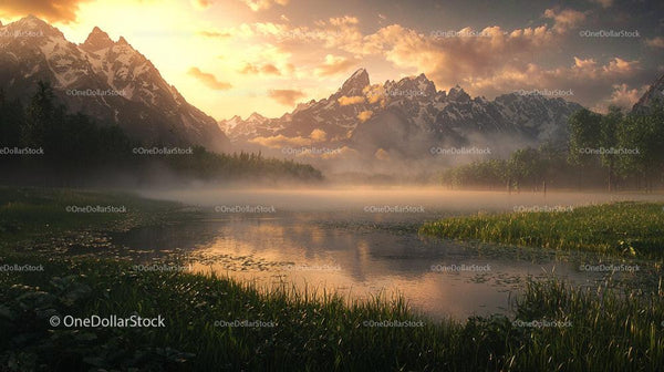 Misty Mountain Lake at Sunset with Scenic Reflections