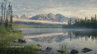 Tranquil Lake with Mountain Reflections at Misty Dawn