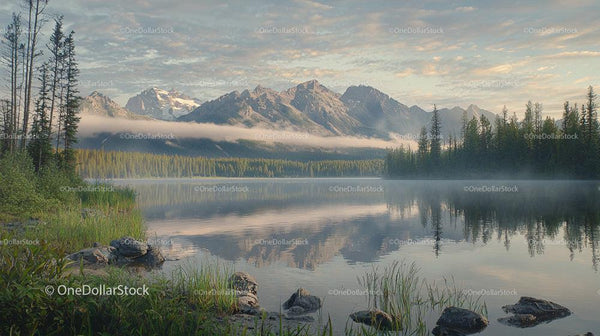 Tranquil Lake with Mountain Reflections at Misty Dawn