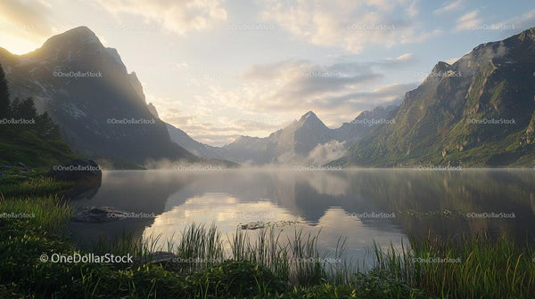 Misty Mountains Reflected in Serene Alpine Lake at Sunrise