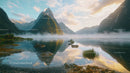 Reflection of Misty Mountains in Tranquil Alpine Lake