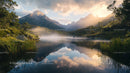 Sunrise Over Misty Mountain Lake with Lush Greenery