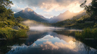 Sunrise Over Misty Mountain Lake with Lush Greenery