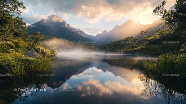 Sunrise Over Misty Mountain Lake with Lush Greenery