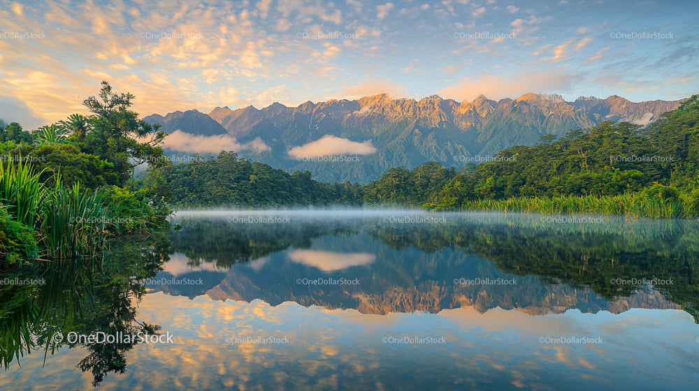 Misty Morning Reflections in Tranquil Mountain Lake