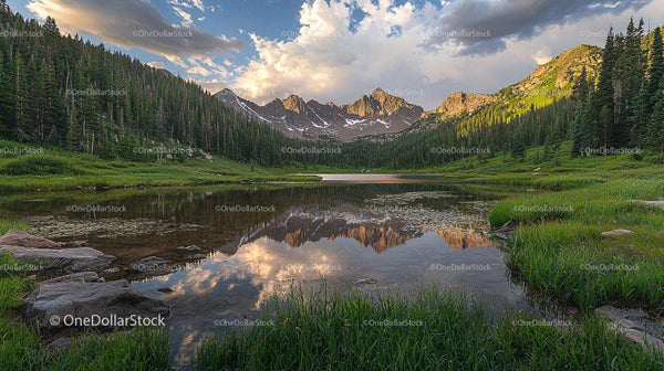 Tranquil Mountain Lake with Lush Greenery and Majestic Peaks