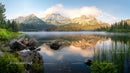 Misty Mountain Reflection at Serene Lake with Lush Foliage