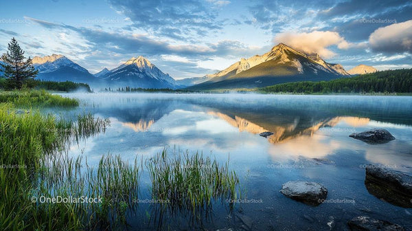 Serene Mountain Lake with Misty Morning Reflection