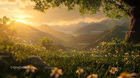 Golden Sunset Over Lush Valley with Mountains in Background