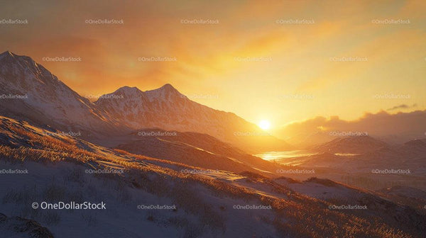 Golden Sunset Over Snowy Mountain Peaks