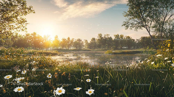 Tranquil Sunset Over a Summer Meadow with Daisies by the Lake