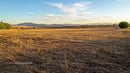 Golden Sunset Over Expansive Rural Field and Distant Mountains