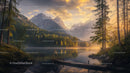 Peaceful Sunrise Over Misty Alpine Lake and Mountains