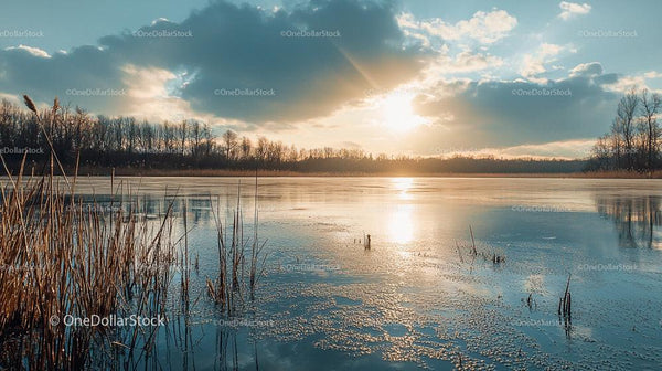 Sunset Over a Frozen Lake with Bare Trees and Dramatic Clouds
