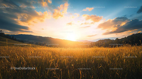 Golden Field at Sunset with Dramatic Sky and Horizon