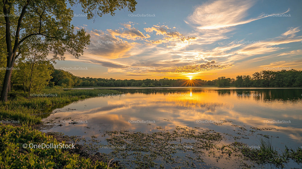 Serene Sunset Over Tranquil Lake with Golden Reflections