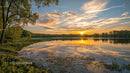 Serene Sunset Over Tranquil Lake with Golden Reflections