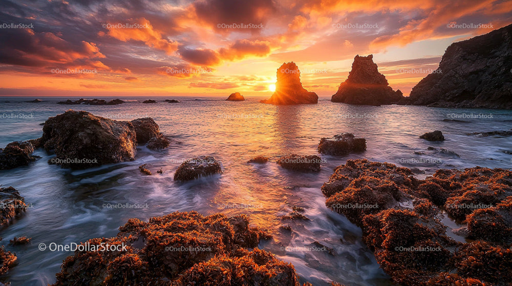 Stunning Sunset Over Rocky Coastline with Vibrant Clouds
