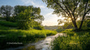 Serene Sunrise Over a Lush Green Forest and Gentle River