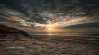 Dramatic Sunset Over Tranquil Ocean and Sand Dunes