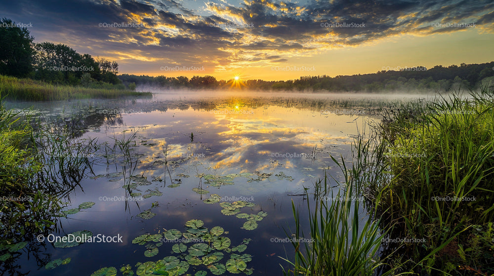 Zapierający dech w piersiach wschód słońca nad spokojnym, mglistym jeziorem