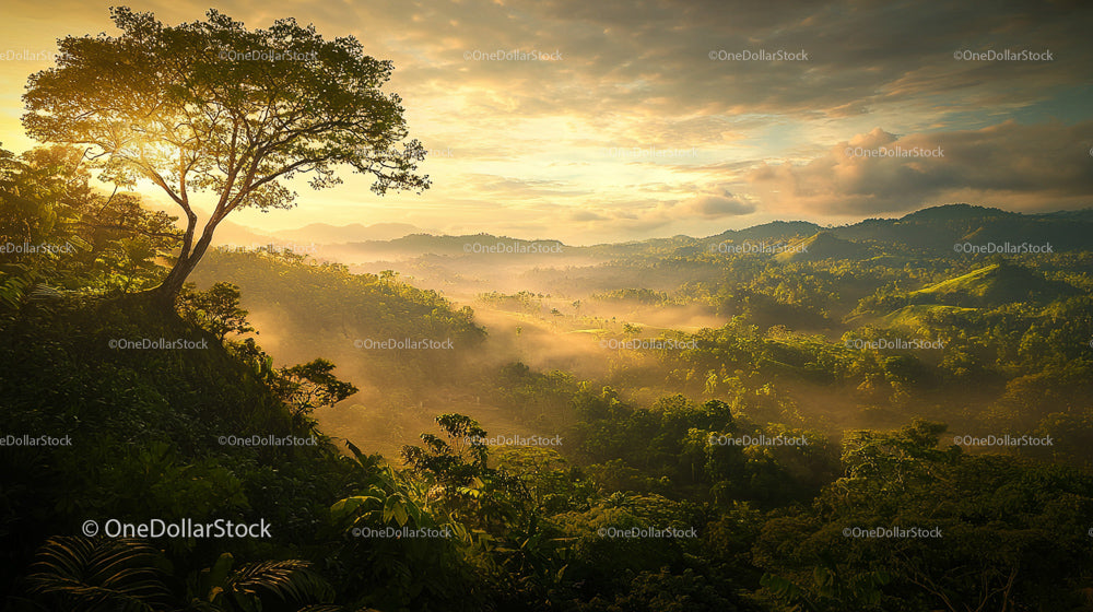 Tropical Valley with Mist and Sunrise in Golden Hour