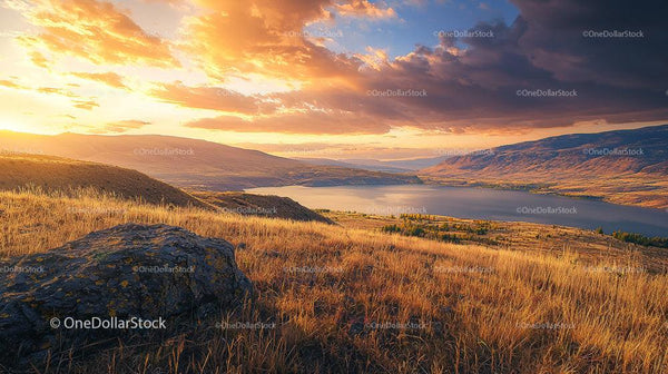 Breathtaking Sunset Over Majestic Mountain Lake Landscape