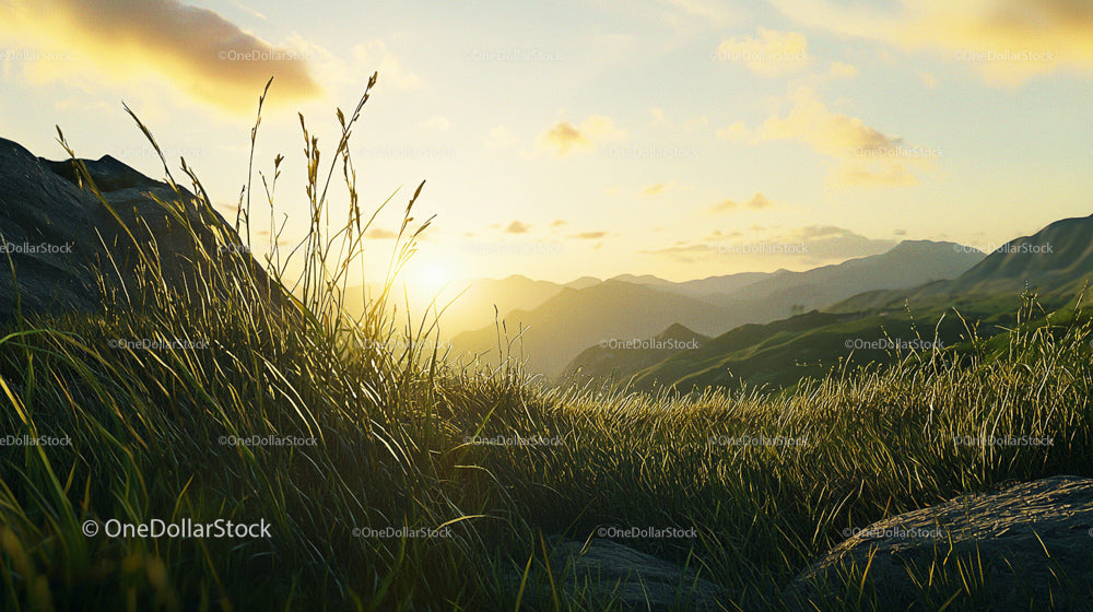 Sunset Over Serene Grassy Meadow and Rolling Hills