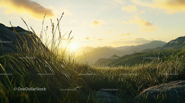 Sunset Over Serene Grassy Meadow and Rolling Hills