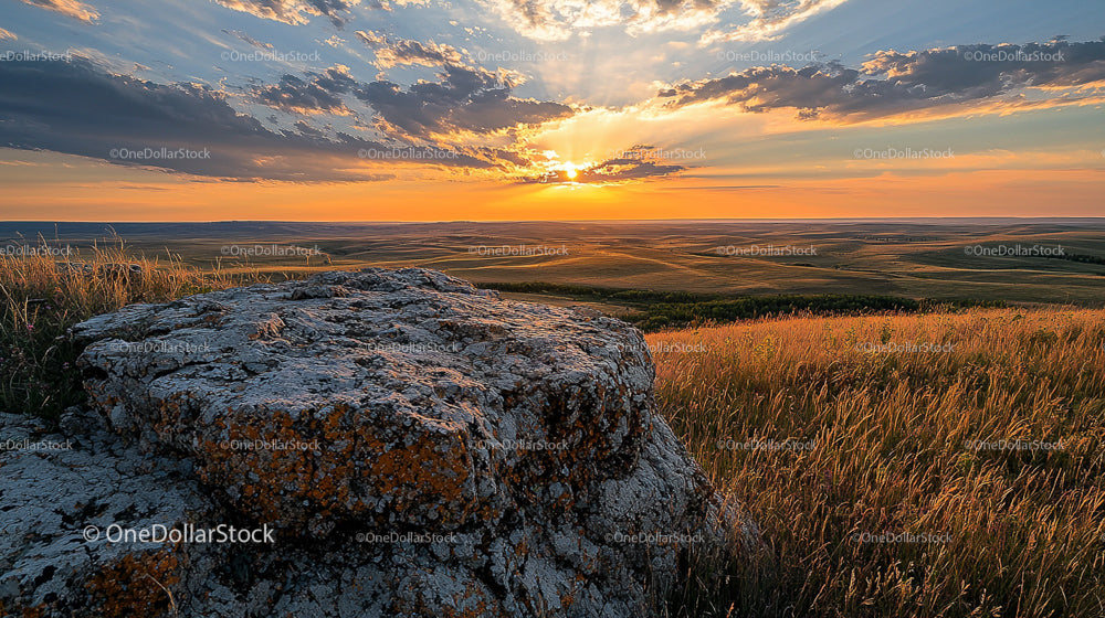 Dramatic Sunset Over Rocky Prairie Landscape