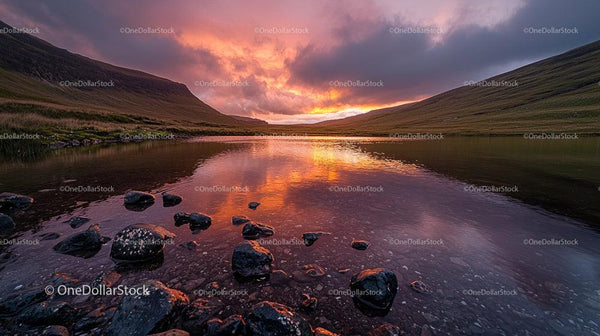 Dramatic Sunset Over Tranquil Lake with Reflective Waters