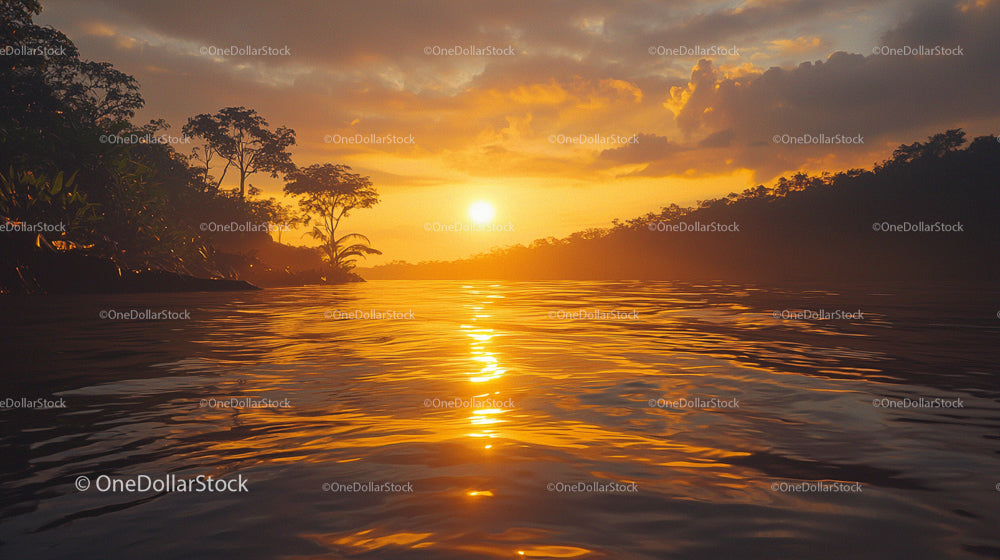 Golden Sunset Over Tranquil River with Silhouette Trees