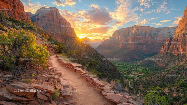Scenic Hiking Trail at Sunset in Zion National Park