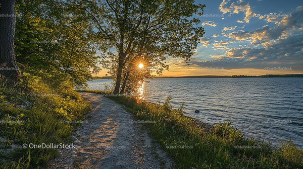 Scenic Sunset by a Tranquil Lake with Lush Greenery
