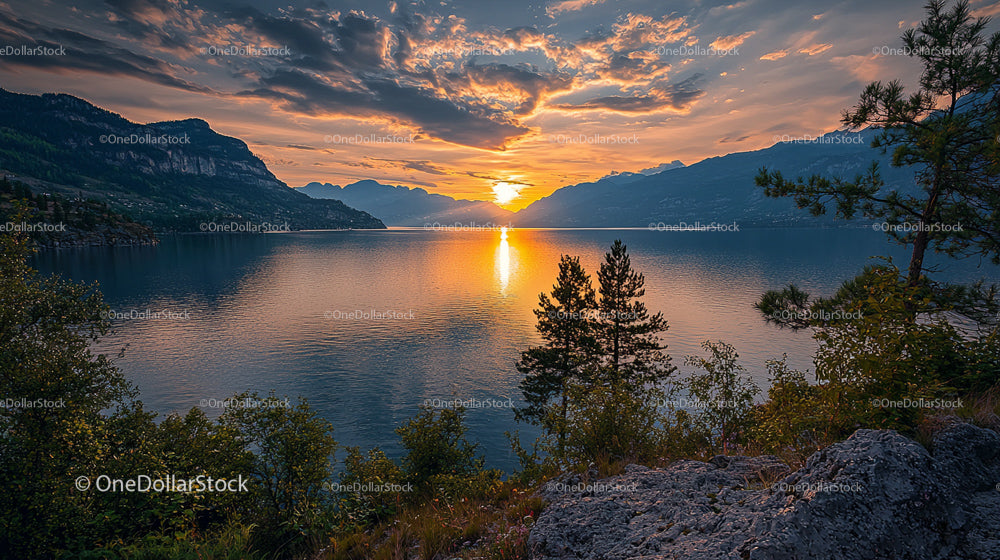 Serene Sunset Over Mountain Lake with Dramatic Sky