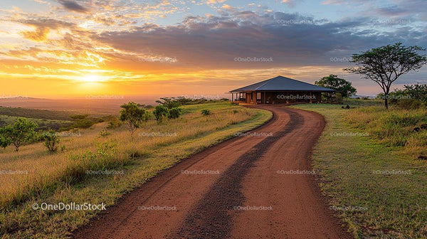 Serene Countryside Cabin at Sunset with Vibrant Sky