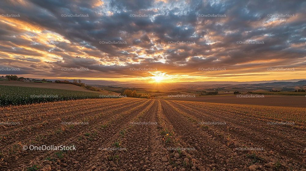 Breathtaking Sunset Over Plowed Agricultural Fields