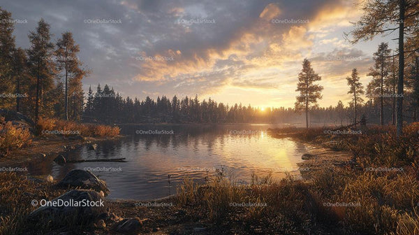 Golden Sunset Over Tranquil Lake and Forest
