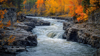 Vibrant Autumn River Flowing Through Rocky Gorge