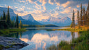 Peaceful Dawn over Mountainous Lake with Pine Forest