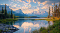 Peaceful Dawn over Mountainous Lake with Pine Forest